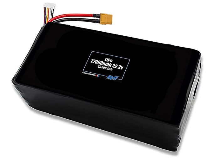 Compact 22.2-volt 27000mAh lithium-polymer battery, built for lightweight drone, UAV, and robotics projects.