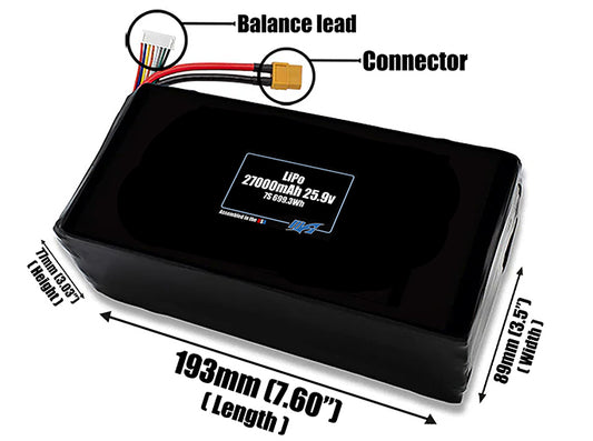 Size reference photo of the 27000mAh 25.9V LiPo pack showing 193 mm by 89 mm by 77 mm dimensions ideal for drones or large robotic systems where space matters.