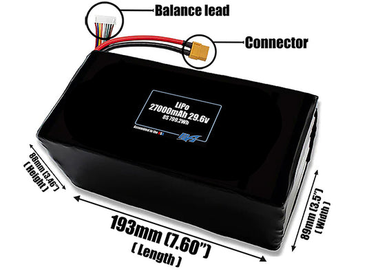 Size reference photo of the 27000mAh 29.6V LiPo pack showing 193 mm by 89 mm by 88 mm dimensions ideal for drones or large robotic systems where space matters.