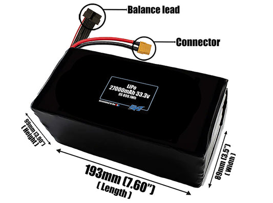 Size reference photo of the 27000mAh 33.3V LiPo pack showing 193 mm by 89 mm by 99 mm dimensions ideal for drones or large robotic systems where space matters.