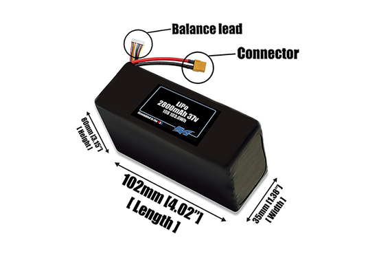 Size reference photo of the 2800mAh 37V LiPo pack showing 102 mm by 35 mm by 80 mm dimensions ideal for drones or small robotic systems where space matters.