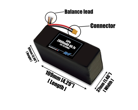 Size reference photo of the 2800mAh 40.7V LiPo pack showing 109 mm by 37 mm by 99 mm dimensions ideal for drones or small robotic systems where space matters.