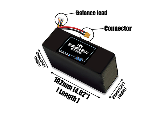 Size reference photo of the 2800mAh 40.7V LiPo pack showing 102 mm by 35 mm by 88 mm dimensions ideal for drones or small robotic systems where space matters.