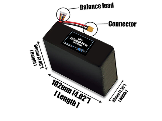 Size reference photo of the 2800mAh 44.4V LiPo pack showing 102 mm by 35 mm by 96 mm dimensions ideal for drones or small robotic systems where space matters.