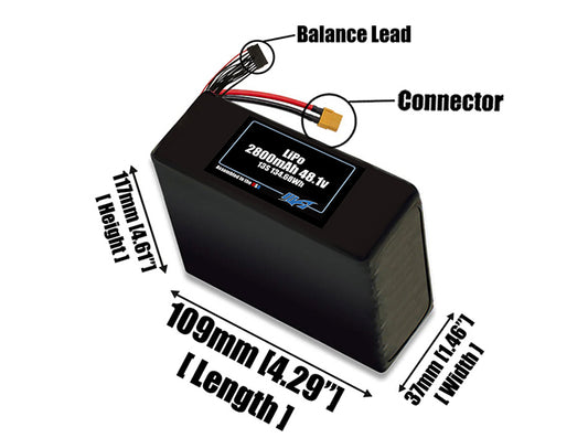 Size reference photo of the 2800mAh 48.1V LiPo pack showing 109 mm by 37 mm by 117 mm dimensions ideal for drones or small robotic systems where space matters.