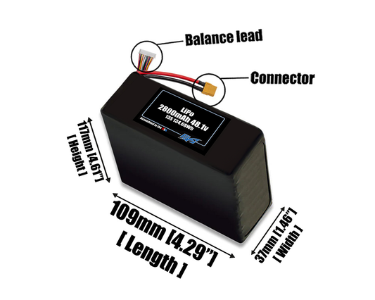 Size reference photo of the 2800mAh 48.1V LiPo pack showing 109 mm by 37 mm by 117 mm dimensions ideal for drones or small robotic systems where space matters.