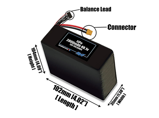 Size reference photo of the 2800mAh 48.17V LiPo pack showing 102 mm by 35 mm by 104 mm dimensions ideal for drones or small robotic systems where space matters.