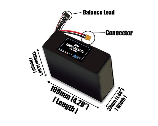 Size reference photo of the 2800mAh 51.8V LiPo pack showing 109 mm by 37 mm by 126 mm dimensions ideal for drones or small robotic systems where space matters.