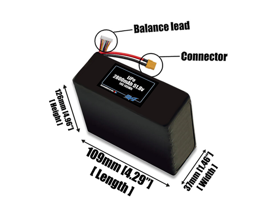 Size reference photo of the 2800mAh 51.8V LiPo pack showing 109 mm by 37 mm by 126 mm dimensions ideal for drones or small robotic systems where space matters.