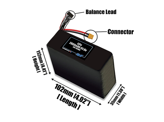Size reference photo of the 2800mAh 51.8V LiPo pack showing 102 mm by 35 mm by 112 mm dimensions ideal for drones or small robotic systems where space matters.