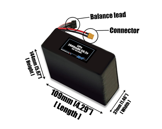 Size reference photo of the 2800mAh 59.2V LiPo pack showing 109 mm by 37 mm by 144 mm dimensions ideal for drones or small robotic systems where space matters.
