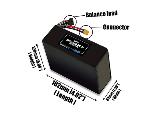 Size reference photo of the 2800mAh 59.2V LiPo pack showing 102 mm by 35 mm by 128 mm dimensions ideal for drones or small robotic systems where space matters.