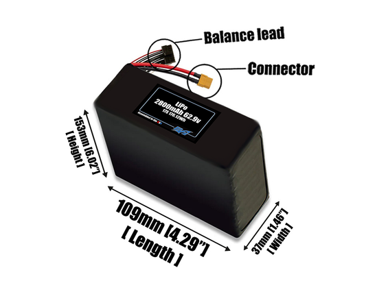 Size reference photo of the 2800mAh 62.9V LiPo pack showing 109 mm by 37 mm by 153 mm dimensions ideal for drones or small robotic systems where space matters.