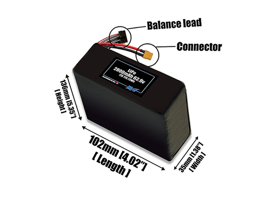 Size reference photo of the 2800mAh 62.9V LiPo pack showing 102 mm by 35 mm by 136 mm dimensions ideal for drones or small robotic systems where space matters.