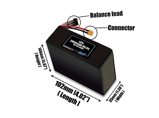 Size reference photo of the 2800mAh 66.6V LiPo pack showing 102 mm by 35 mm by 144 mm dimensions ideal for drones or small robotic systems where space matters.