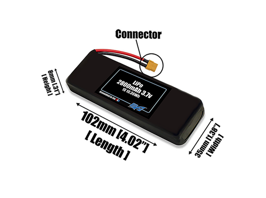 Size reference photo of the 2800mAh 3.7V LiPo pack showing 102 mm by 35 mm by 8 mm dimensions ideal for drones or small robotic systems where space matters.