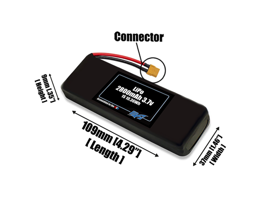 Size reference photo of the 2800mAh 3.7V LiPo pack showing 109 mm by 37 mm by 9 mm dimensions ideal for drones or small robotic systems where space matters.