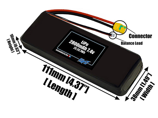 Size reference photo of the 2800mAh 7.4V LiPo pack showing 111 mm by 38 mm by 16 mm dimensions ideal for drones or small robotic systems where space matters.