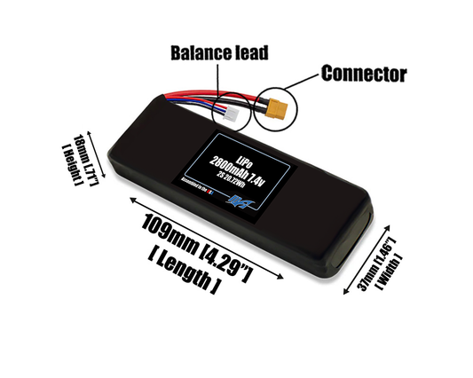 Size reference photo of the 2800mAh 7.4V LiPo pack showing 109 mm by 37 mm by 18 mm dimensions ideal for drones or small robotic systems where space matters.