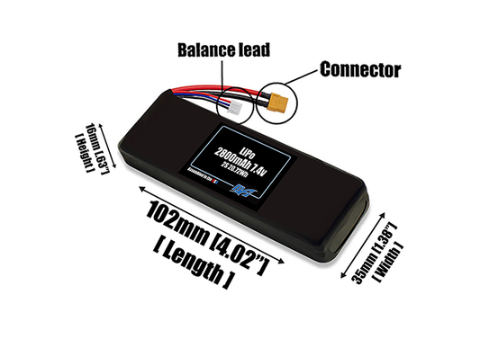 Size reference photo of the 2800mAh 7.4V LiPo pack showing 102 mm by 35 mm by 16 mm dimensions ideal for drones or small robotic systems where space matters.