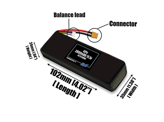 Size reference photo of the 2800mAh 11.1V LiPo pack showing 102 mm by 35 mm by 24 mm dimensions ideal for drones or small robotic systems where space matters.