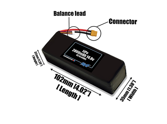Size reference photo of the 2800mAh 14.8V LiPo pack showing 102 mm by 35 mm by 32 mm dimensions ideal for drones or small robotic systems where space matters.