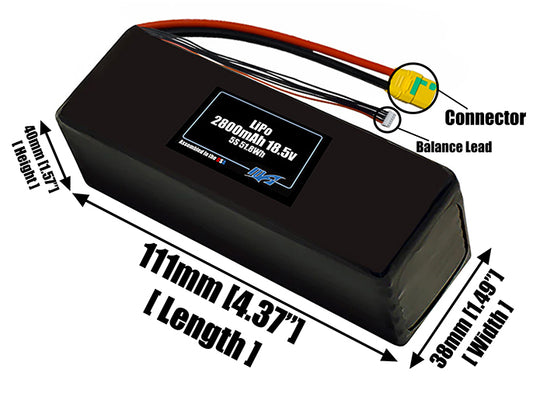 Size reference photo of the 2800mAh 18.5V LiPo pack showing 111 mm by 38 mm by 40 mm dimensions ideal for drones or small robotic systems where space matters.