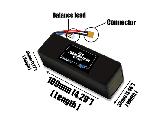 Size reference photo of the 2800mAh 18.5V LiPo pack showing 109 mm by 37 mm by 45 mm dimensions ideal for drones or small robotic systems where space matters.