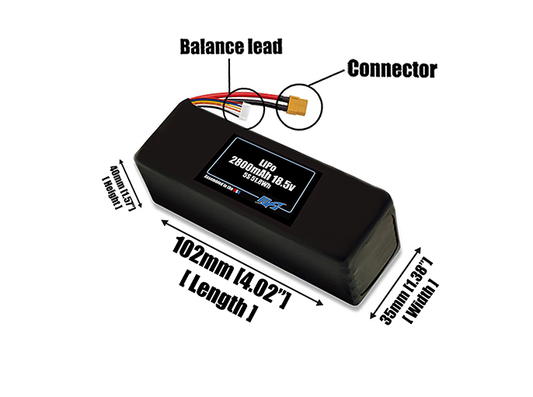 Size reference photo of the 2800mAh 18.5V LiPo pack showing 102 mm by 35 mm by 40 mm dimensions ideal for drones or small robotic systems where space matters.