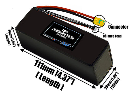 Size reference photo of the 2800mAh 22.2V LiPo pack showing 111 mm by 38 mm by 48 mm dimensions ideal for drones or small robotic systems where space matters.