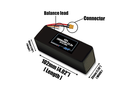 Size reference photo of the 2800mAh 22.2V LiPo pack showing 102 mm by 35 mm by 48 mm dimensions ideal for drones or small robotic systems where space matters.