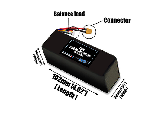 Size reference photo of the 2800mAh 25.9V LiPo pack showing 102 mm by 35 mm by 56 mm dimensions ideal for drones or small robotic systems where space matters.