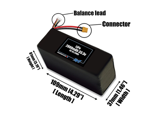 Size reference photo of the 2800mAh 33.3V LiPo pack showing 109 mm by 37 mm by 81 mm dimensions ideal for drones or small robotic systems where space matters.