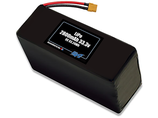 Compact 33.3-volt 2800mAh lithium-polymer battery, built for lightweight drone, UAV, and robotics projects.