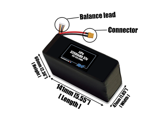 Size reference photo of the 3250mAh 37V LiPo pack showing 141 mm by 47 mm by 60 mm dimensions ideal for drones or small robotic systems where space matters.