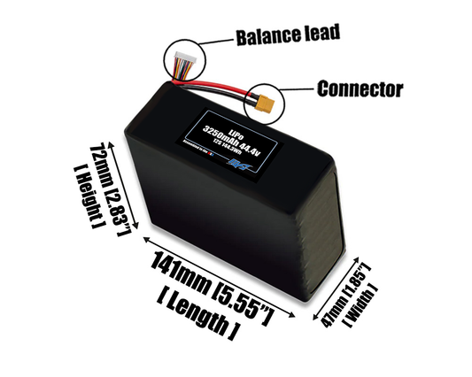 Size reference photo of the 3250mAh 44.4V LiPo pack showing 141 mm by 47 mm by 72 mm dimensions ideal for drones or small robotic systems where space matters.