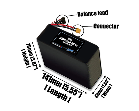 Size reference photo of the 3250mAh 48.1V LiPo pack showing 141 mm by 47 mm by 78 mm dimensions ideal for drones or small robotic systems where space matters.