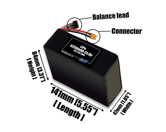 Size reference photo of the 3250mAh 51.8V LiPo pack showing 141 mm by 47 mm by 84 mm dimensions ideal for drones or small robotic systems where space matters.