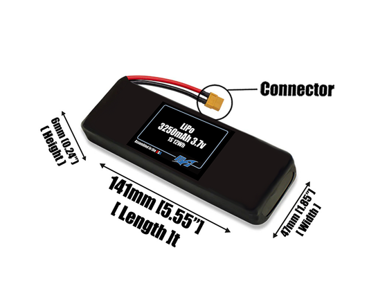 Size reference photo of the 3250mAh 3.7V LiPo pack showing 141 mm by 47 mm by 6 mm dimensions ideal for drones or small robotic systems where space matters.
