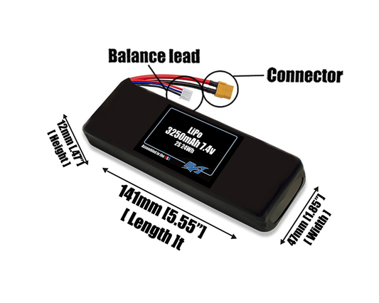 Size reference photo of the 3250mAh 7.4V LiPo pack showing 141 mm by 47 mm by 12 mm dimensions ideal for drones or small robotic systems where space matters.