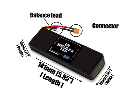 Size reference photo of the 3250mAh 11.1V LiPo pack showing 141 mm by 47 mm by 18 mm dimensions ideal for drones or small robotic systems where space matters.