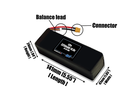 Size reference photo of the 3250mAh 14.8V LiPo pack showing 141 mm by 47 mm by 24 mm dimensions ideal for drones or small robotic systems where space matters.