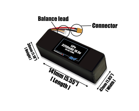 Size reference photo of the 3250mAh 18.5V LiPo pack showing 141 mm by 47 mm by 30 mm dimensions ideal for drones or small robotic systems where space matters.