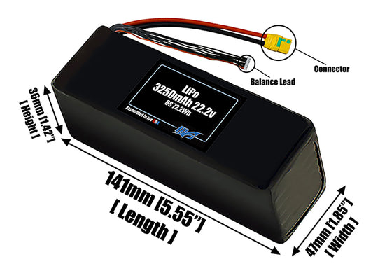 Size reference photo of the 3250mAh 22.2V LiPo pack showing 141 mm by 47 mm by 36 mm dimensions ideal for drones or small robotic systems where space matters.