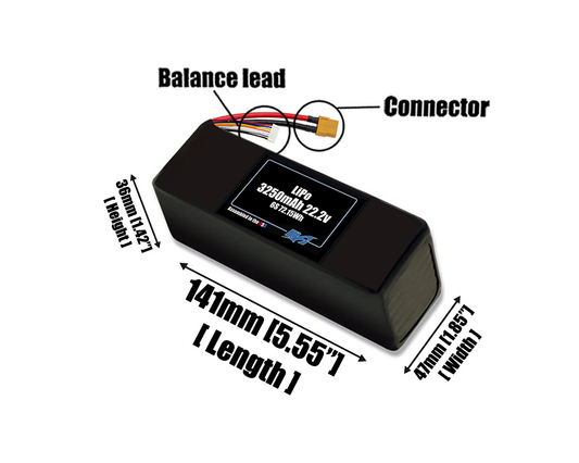 Size reference photo of the 3250mAh 22.2V LiPo pack showing 141 mm by 47 mm by 36 mm dimensions ideal for drones or small robotic systems where space matters.