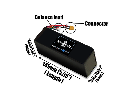 Size reference photo of the 3250mAh 25.9V LiPo pack showing 141 mm by 47 mm by 42 mm dimensions ideal for drones or small robotic systems where space matters.