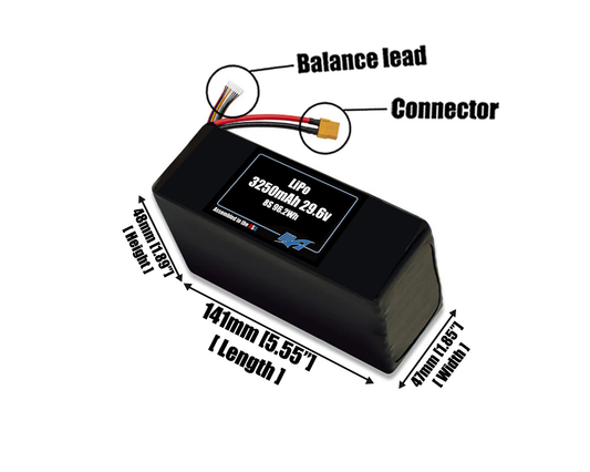Size reference photo of the 3250mAh 29.6V LiPo pack showing 141 mm by 47 mm by 48 mm dimensions ideal for drones or small robotic systems where space matters.