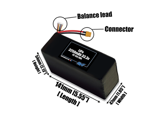 Size reference photo of the 3250mAh 33.3V LiPo pack showing 141 mm by 47 mm by 54 mm dimensions ideal for drones or small robotic systems where space matters.