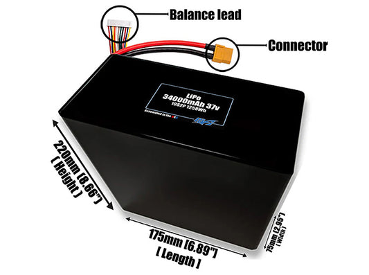 Size reference photo of the 34000mAh 37V LiPo pack showing 175 mm by 75 mm by 220 mm dimensions ideal for drones or large robotic systems where space matters.