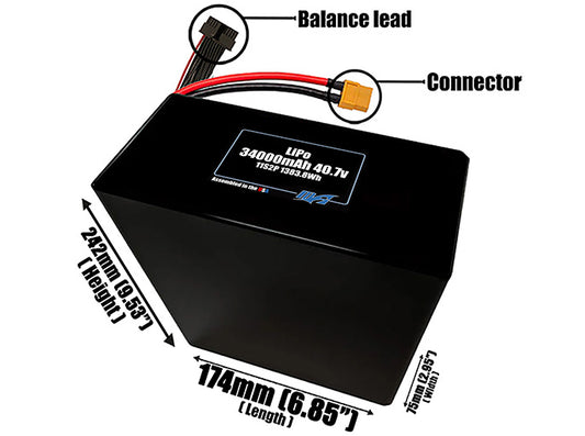 Size reference photo of the 34000mAh 40.7V LiPo pack showing 174 mm by 75 mm by 242 mm dimensions ideal for drones or large robotic systems where space matters.